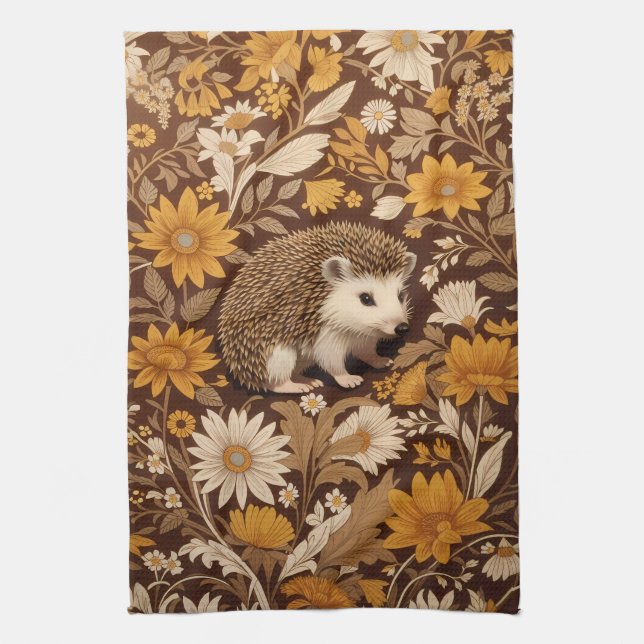 Hedgehog Brown Blommigt William Morris Inspired Kökshandduk (Vertikal)