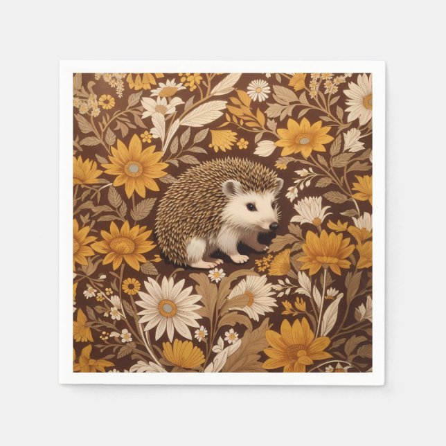 Hedgehog Brown Blommigt William Morris Inspired Pappersservett (Framsidan)