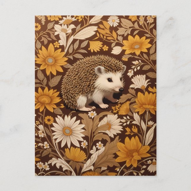 Hedgehog Brown Blommigt William Morris Inspired Vykort (Framsida)
