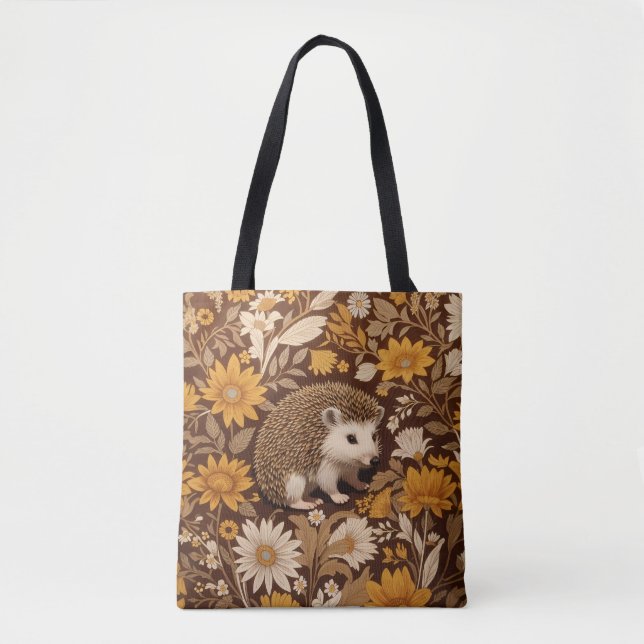 Hedgehog Brown Floral William Morris Inspired Tygkasse (Framsida)