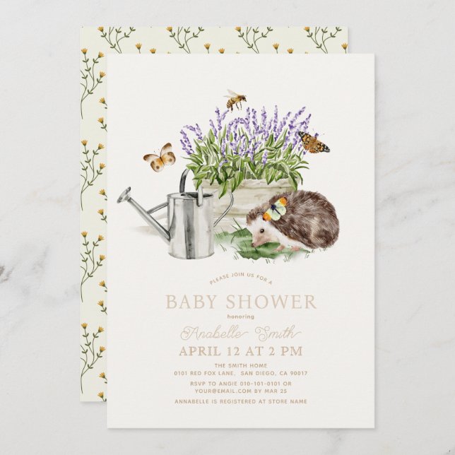 Hedgehog Butterfly Bee Garden Baby Shower Inbjudningar (Fram/baksida)