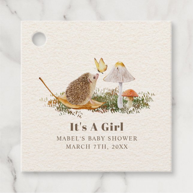 Hedgehog Butterfly Mushroom Woodland Baby Shower Gåvor Etiketter (Framsida)
