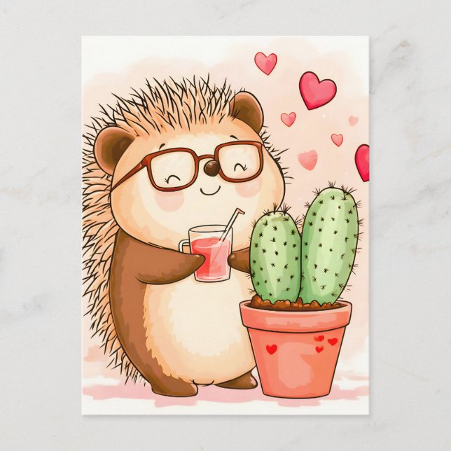Hedgehog Cactus Cheers Watercolor Helg Vykort (Framsida)