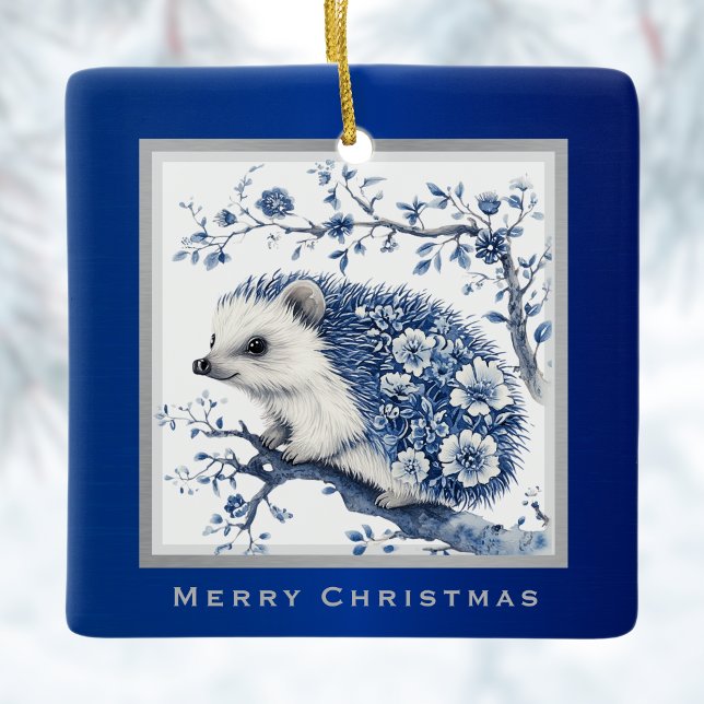 Hedgehog Chinoiserie Blue Toile Blommigt jul Julgransprydnad Keramik (Skapare uppladdad)