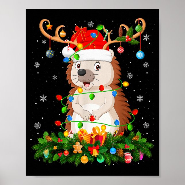 Hedgehog Christmas Lights Reindeer Santa Hat Adult Poster (Framsidan)