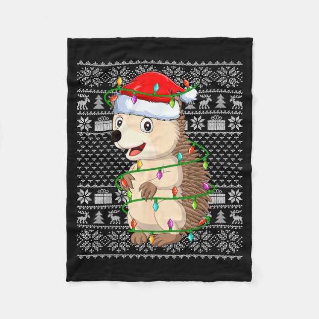 Hedgehog Christmas Lights Ugly Sweater Funny Santa Fleecefilt (Framsidan)