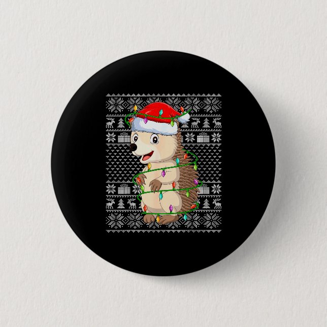 Hedgehog Christmas Lights Ugly Sweater Funny Santa Knapp (Framsida)