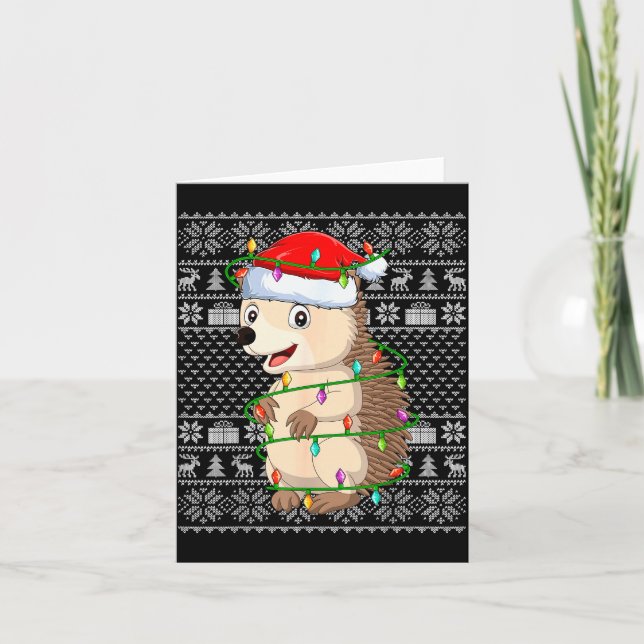 Hedgehog Christmas Lights Ugly Sweater Funny Santa Kort (Framsida)