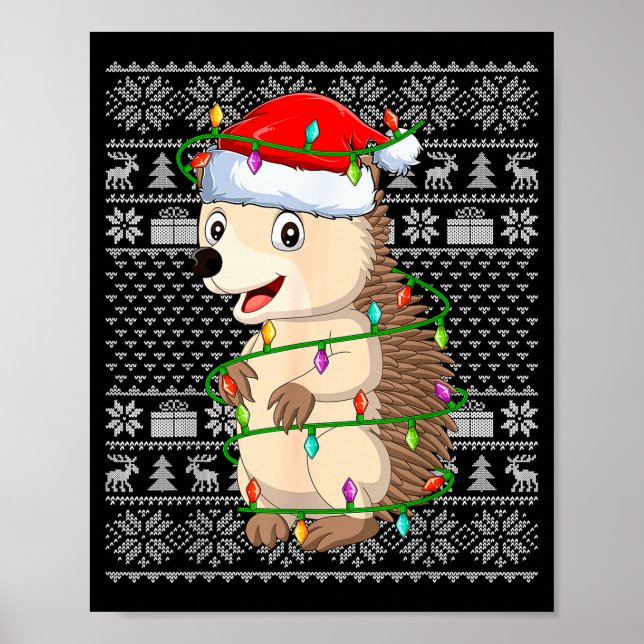 Hedgehog Christmas Lights Ugly Sweater Funny Santa Poster (Framsidan)