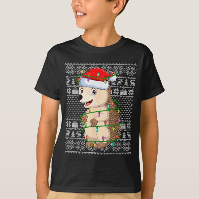 Hedgehog Christmas Lights Ugly Sweater Funny Santa T Shirt (Framsida)