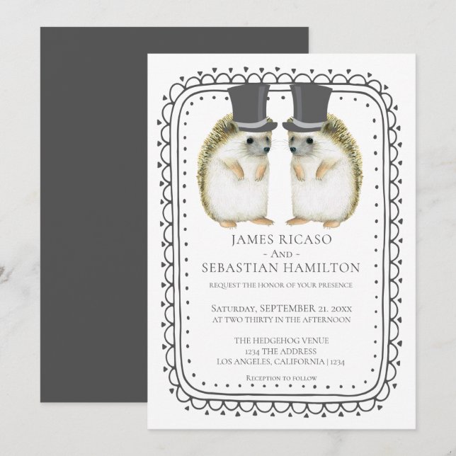 Hedgehog Cute Gay Grooms Bröllop Inbjudningar (Fram/baksida)