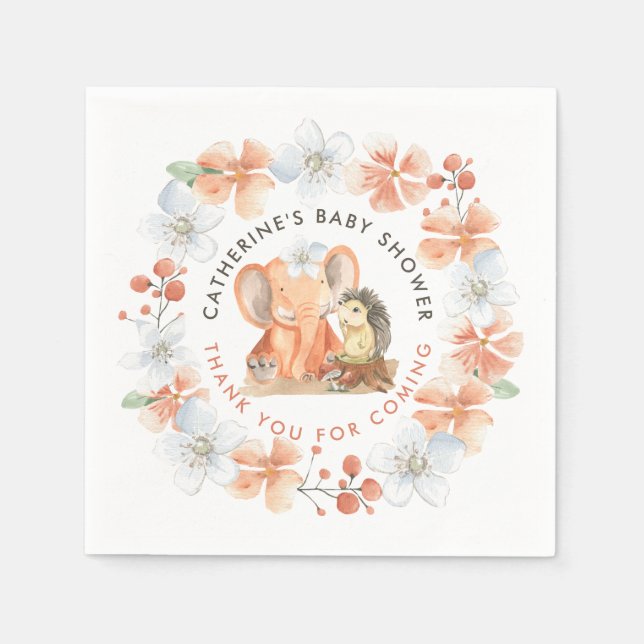 Hedgehog Elephant Tack Namn Girl Baby Shower Pappersservett (Framsidan)