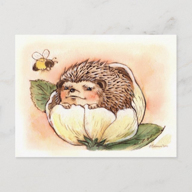 Hedgehog Flower Baby Watercolor Vykort (Framsida)