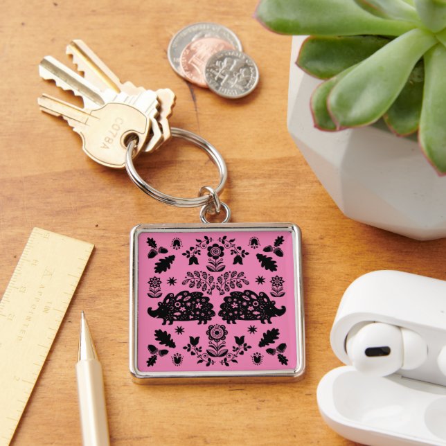 Hedgehog Folk Art Fyrkantig Silverfärgad Nyckelring (Skrivbord)