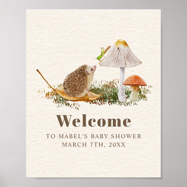 Hedgehog Grashopper Mushroom Woodland Baby Shower Poster (Framsidan)