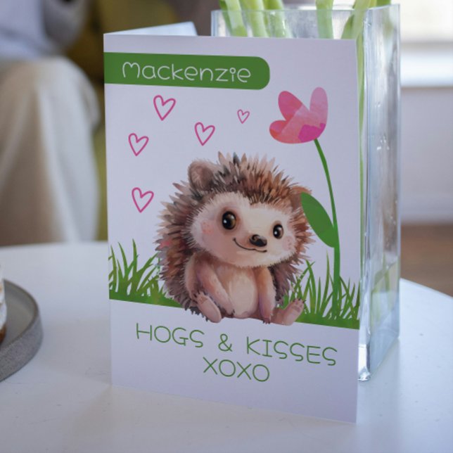 Hedgehog Hogs and Kisses personlig Valentiness Helgkort (Hedgehog Hugs personalized Valentines Holiday Card by Ricaso. Hogs and Kisses cute hedgehog cards)