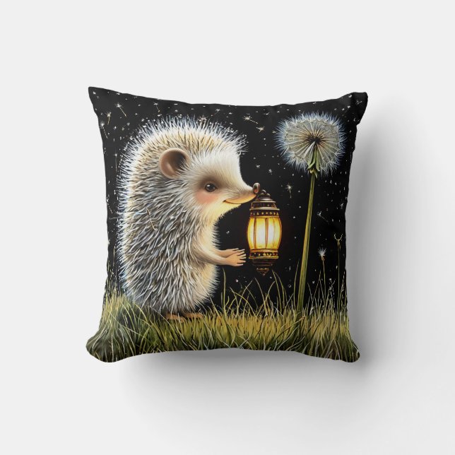 Hedgehog Holding Lantern bredvid Dandelion Kudde (Framsida)