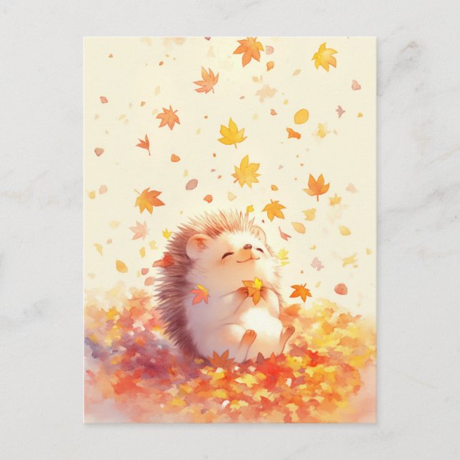 Hedgehog Holding Yellow Autumn Maple Leaf Vykort (Framsida)