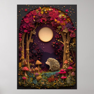 Hedgehog | Höstnattsskogskutout Art Poster