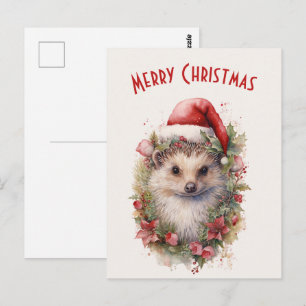 Hedgehog i jultomten Red Poinsettia jul Vykort
