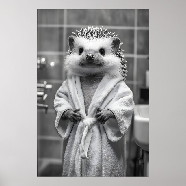 Hedgehog in Bathrobe Art Print, Funny Bathroom Poster (Framsidan)