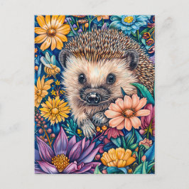 Hedgehog in Blooming Flower Bed Vykort