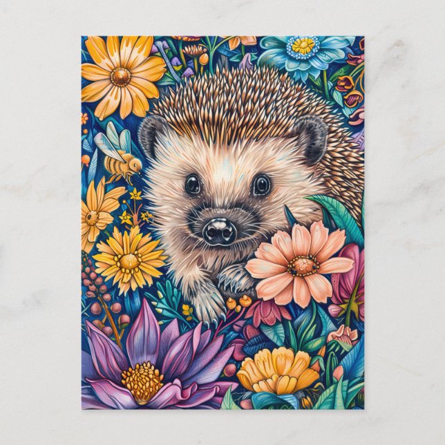 Hedgehog in Blooming Flower Bed Vykort (Framsida)