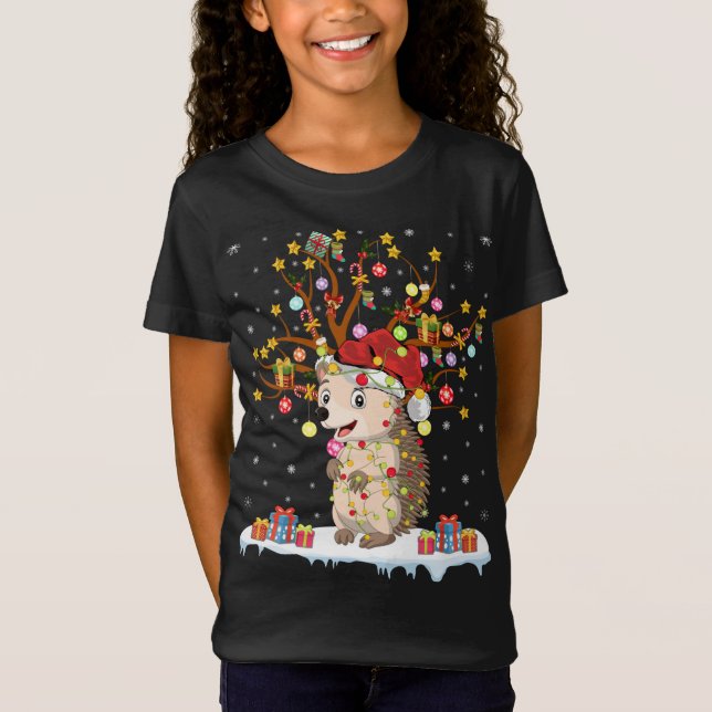 Hedgehog Julafton Lighting Träd Santa Hedgehog Chr T Shirt (Framsida)
