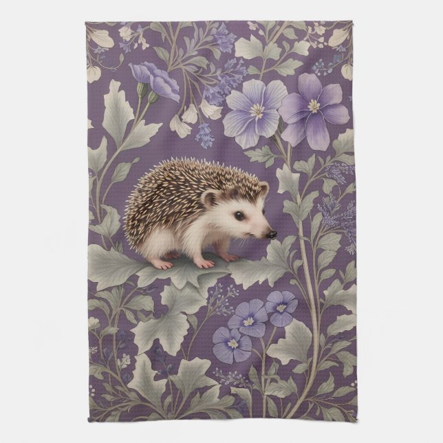 Hedgehog Lila William Morris Inspired Blommigt Kökshandduk (Vertikal)