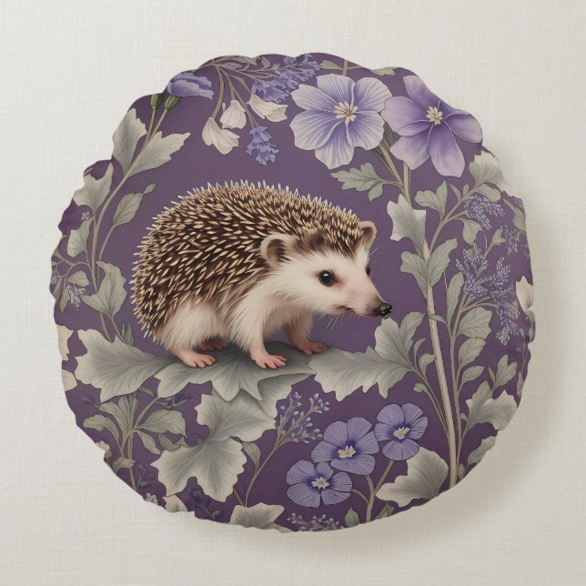 Hedgehog Lila William Morris Inspired Blommigt Rund Kudde (Framsidan)