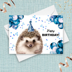 Hedgehog med Balloons och Party Hat Birthday Kort