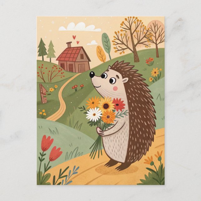 Hedgehog med blommor folkart vykort (Framsida)