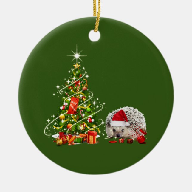 Hedgehog med Hat LJUS jul Julgransprydnad Keramik (Framsidan)