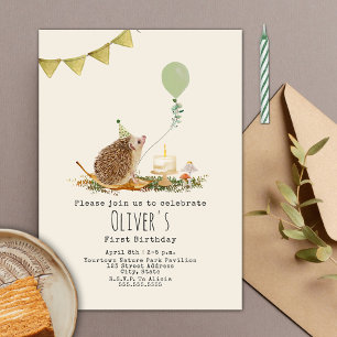 Hedgehog Mushroom Balloon Forest First Birthday Inbjudningar