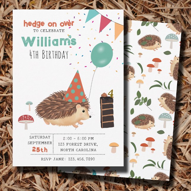 Hedgehog Mushroom Woodland Forest Balloon Birthday Inbjudningar (Hedgehog Mushroom Woodland Forest Balloon Birthday Invitation)