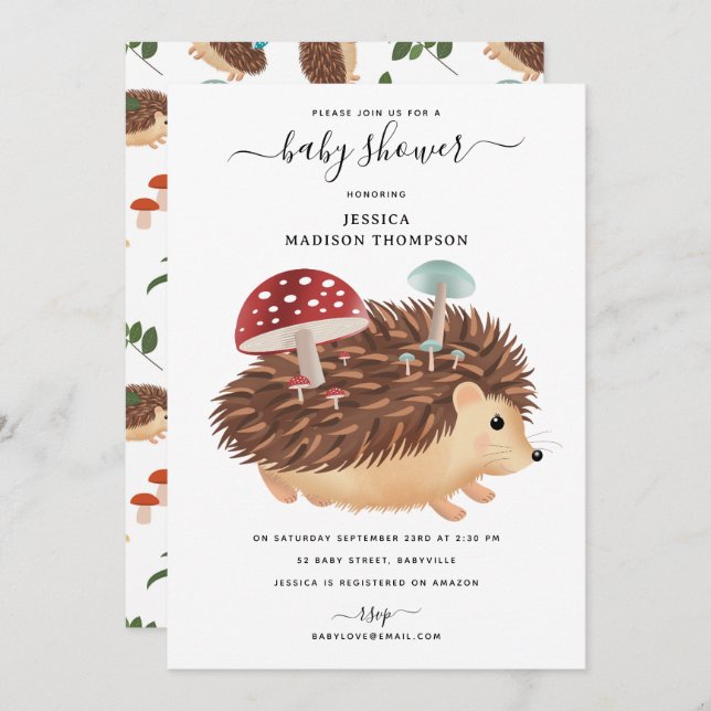 Hedgehog Mushroom Woodland Funny Baby Shower Inbjudningar (Fram/baksida)