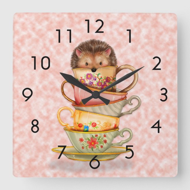 Hedgehog och färglöst Tekopp på Rosa Wall Clock Fyrkantig Klocka (Framsida)