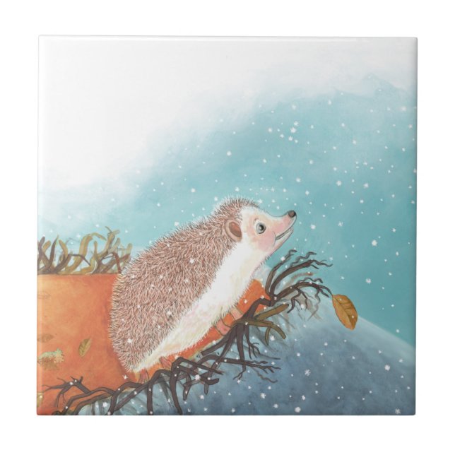 Hedgehog och första snöflingor kakelplatta (Framsidan)