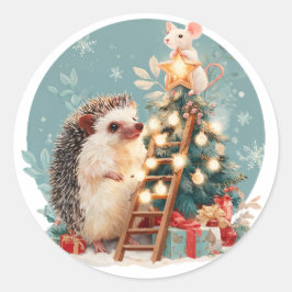Hedgehog och Mouse Decorating Julgran Runt Klistermärke