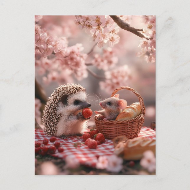 Hedgehog och Mouse Sharing Strawbär - Picnic Helg Vykort (Framsida)