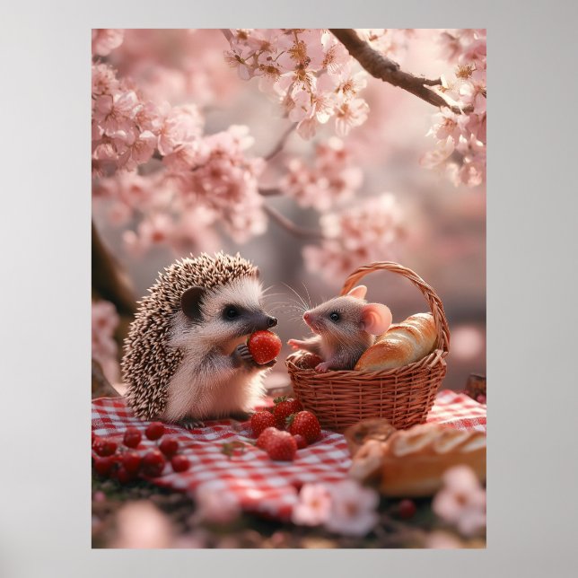 Hedgehog och Mouse Sharing Strawbär - Picnic Poster (Framsidan)