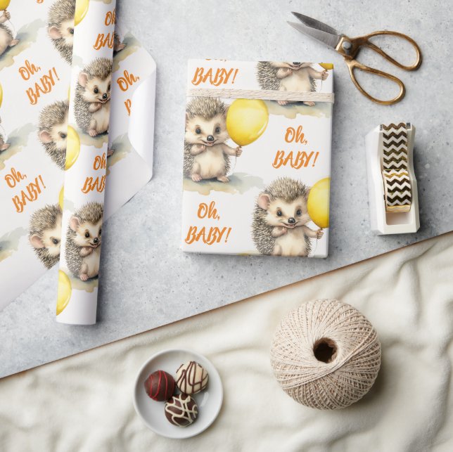 Hedgehog Oh Baby Kön Neutral Baby Shower Presentpapper (Hantverk)