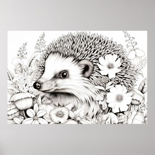 Hedgehog Peacnice Nature Prairie Sketch Teckning Poster