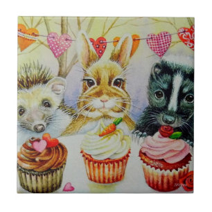 Hedgehog Rabbit Skunk & Muffinss Watercolor Art Kakelplatta