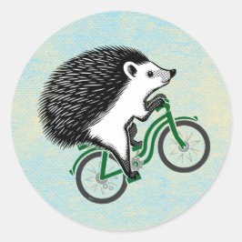 Hedgehog Riding a Bicycle on Blue Background Runt Klistermärke