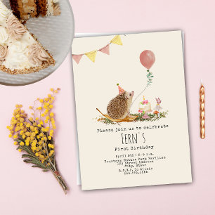 Hedgehog Rosa Balloon Forest First Birthday Inbjudningar