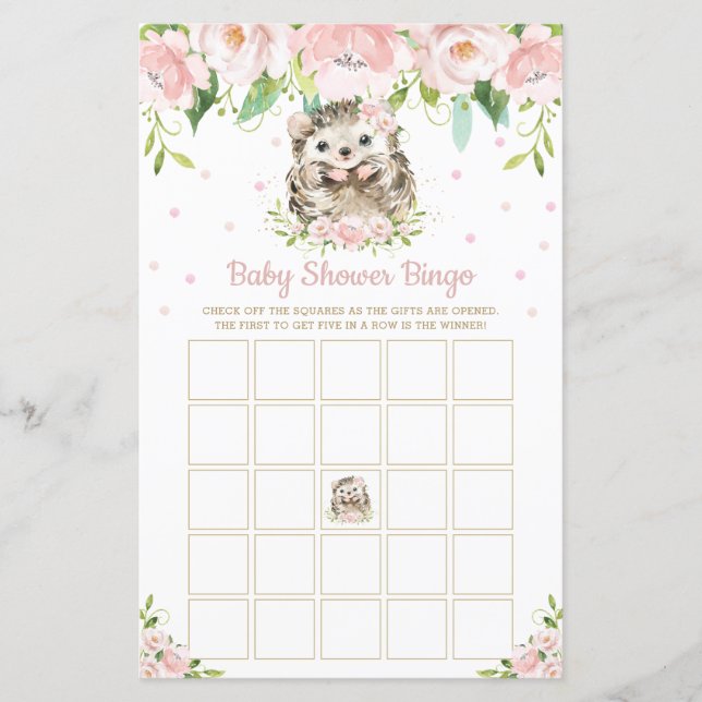 Hedgehog Rosa Blommigt Baby Shower Bingo Game (Framsida)