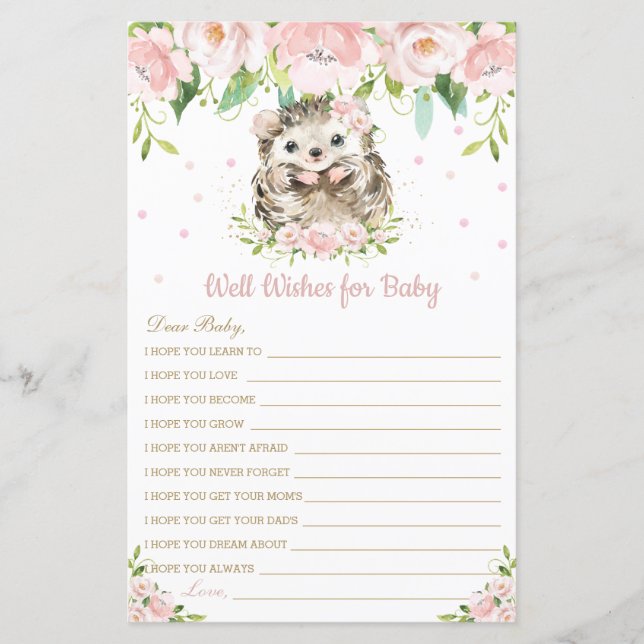 Hedgehog Rosa Blommigt well Önskemål för Baby Card (Framsida)