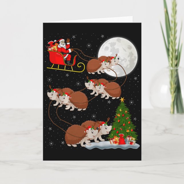 Hedgehog Santa Sleigh Flying Funny Magical Christm Kort (Framsida)