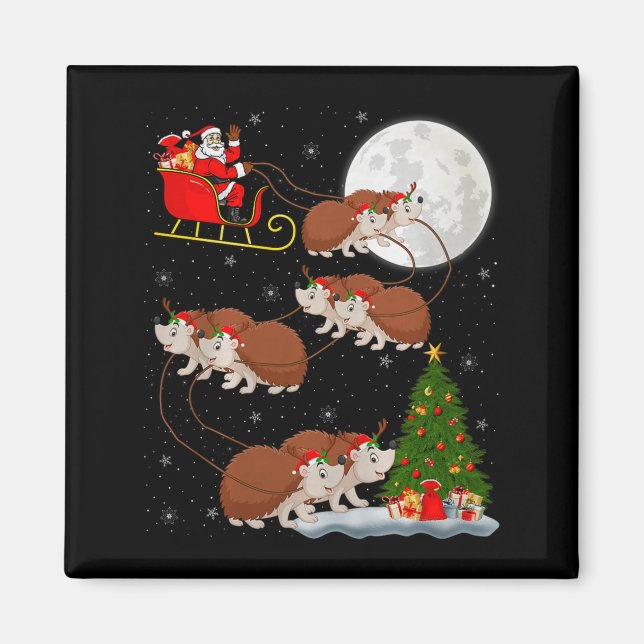 Hedgehog Santa Sleigh Flying Funny Magical Christm Magnet (Framsidan)